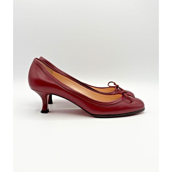 Christian Louboutin Red/Burgundy Ballet Style Kitten Heels Bow Accent Sz EU 37 7 - Picture 2 of 14